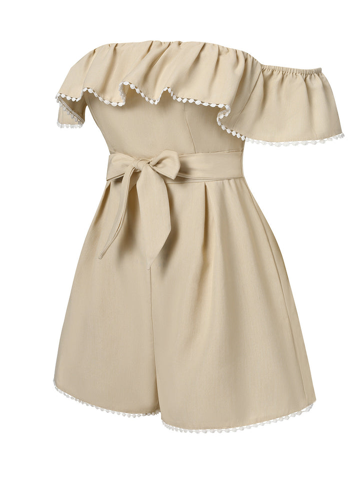 Beige 1950s Solid Cap Sleeve Belt Romper, vintage romper, retro jumpsuit - perfect for women who love vintage and retro fashion