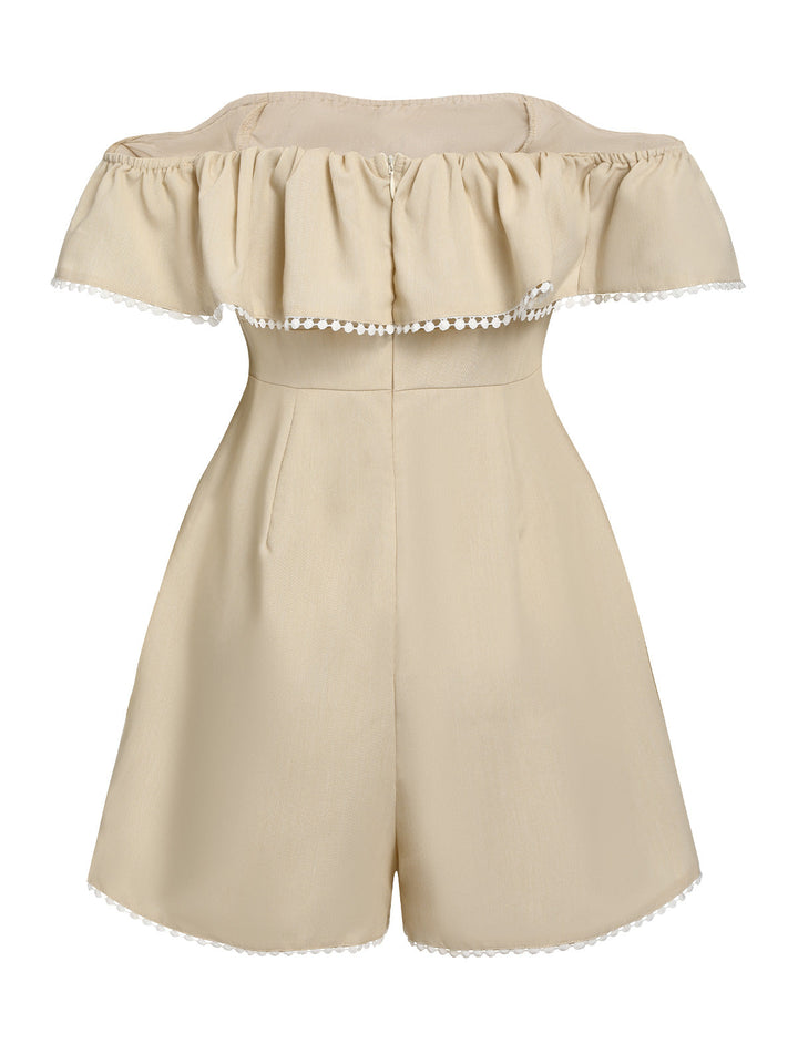 Beige 1950s Solid Cap Sleeve Belt Romper, vintage romper, retro jumpsuit - perfect for women who love vintage and retro fashion