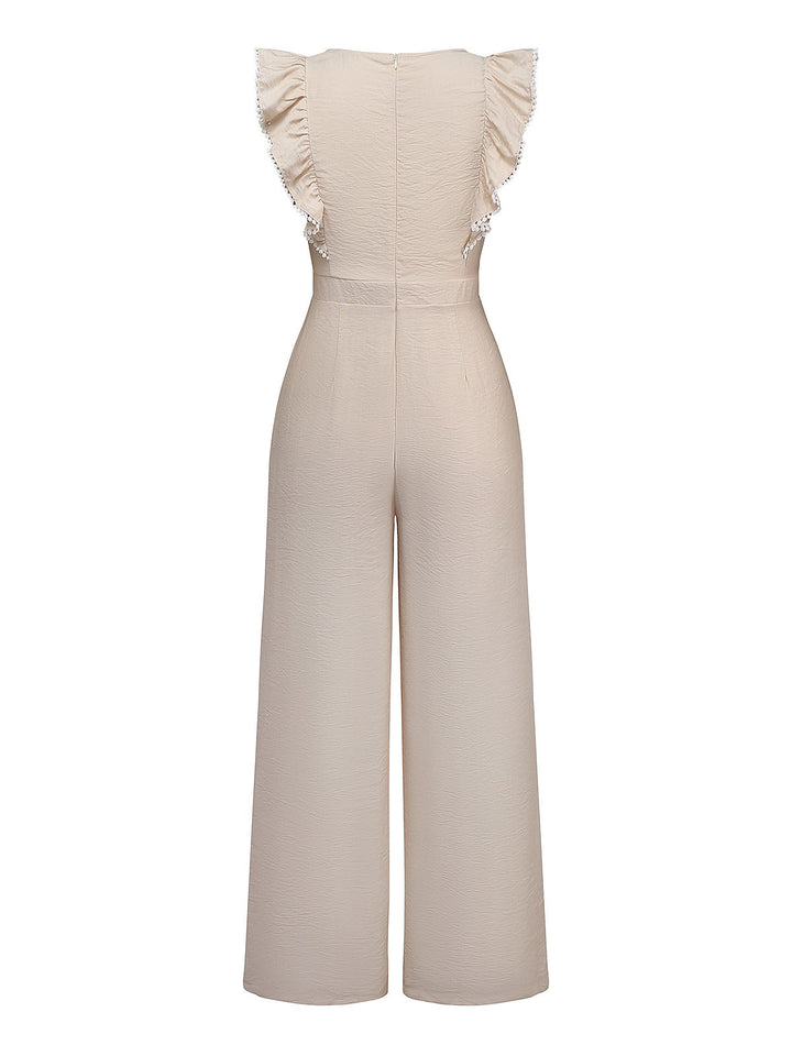 Beige 1950s Solid Ruffled Cap Sleeves Jumpsuit: timeless 1950s elegance she makes her own