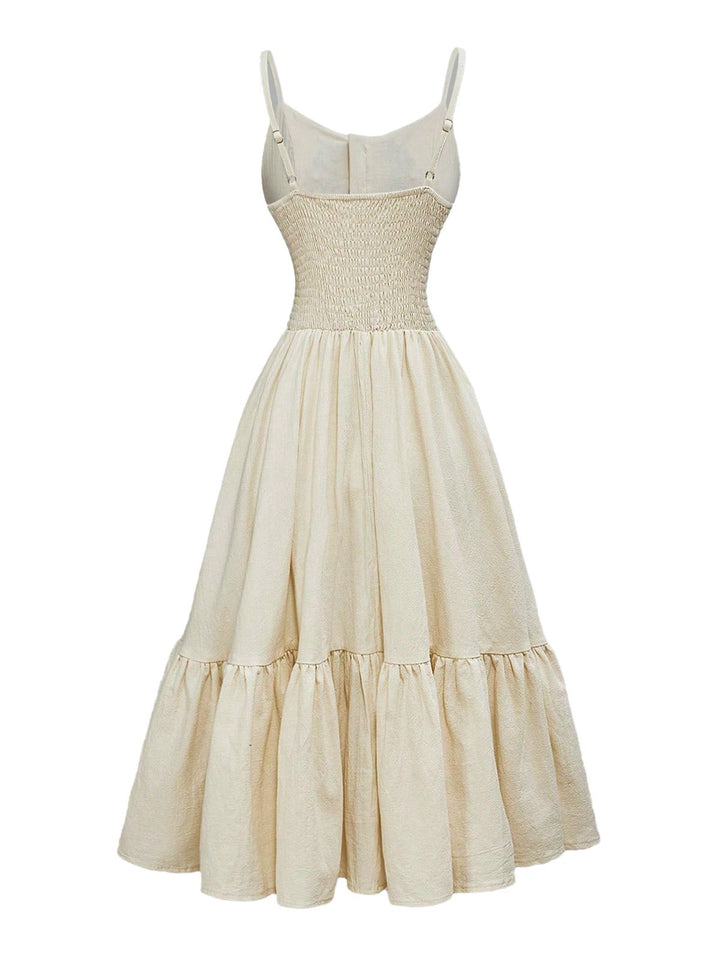 Beige-1950s-Spaghetti-Strap-Embroidered-Dress, vintage, retro, dress