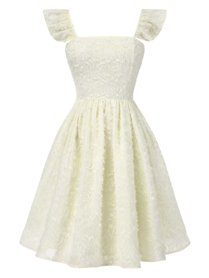 She slips into this Beige 1950s Strap Square Neck Backless Dress and suddenly it&