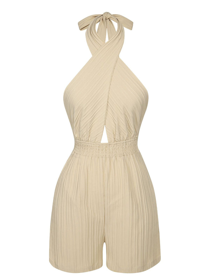 She finds her 1950s story in this Beige 1950s Texture Folds Cross Halter Romper