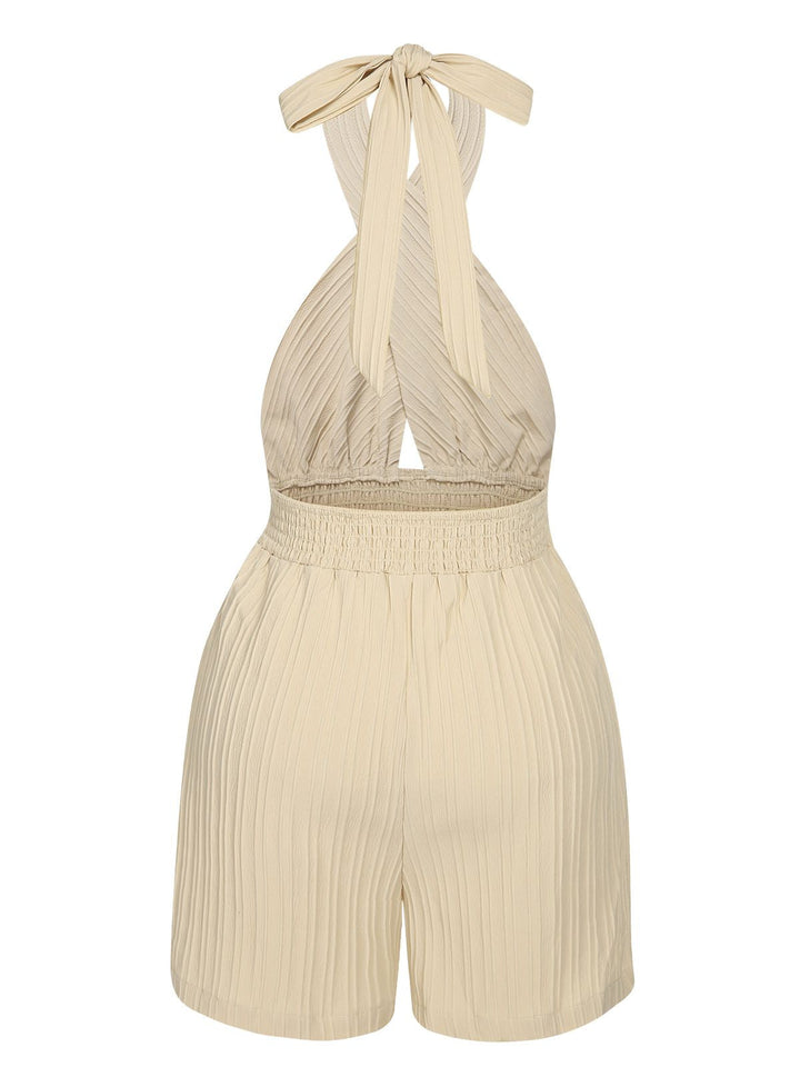 Beige 1950s Texture Folds Cross Halter Romper: timeless 1950s elegance she makes her own