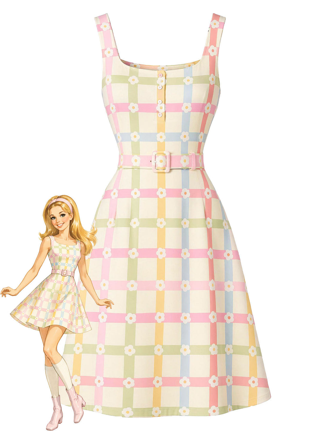 [Pre-Sale] Beige 1960s Plaid Floral Square Neck Dress