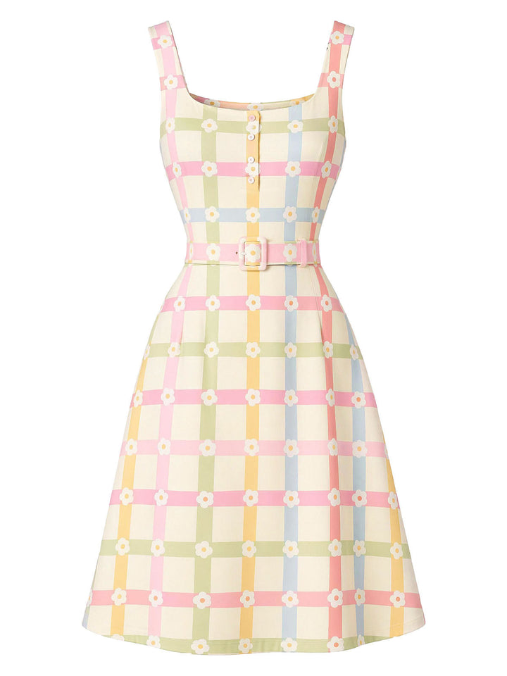 [Pre-Sale] Beige 1960s Plaid Floral Square Neck Dress 2