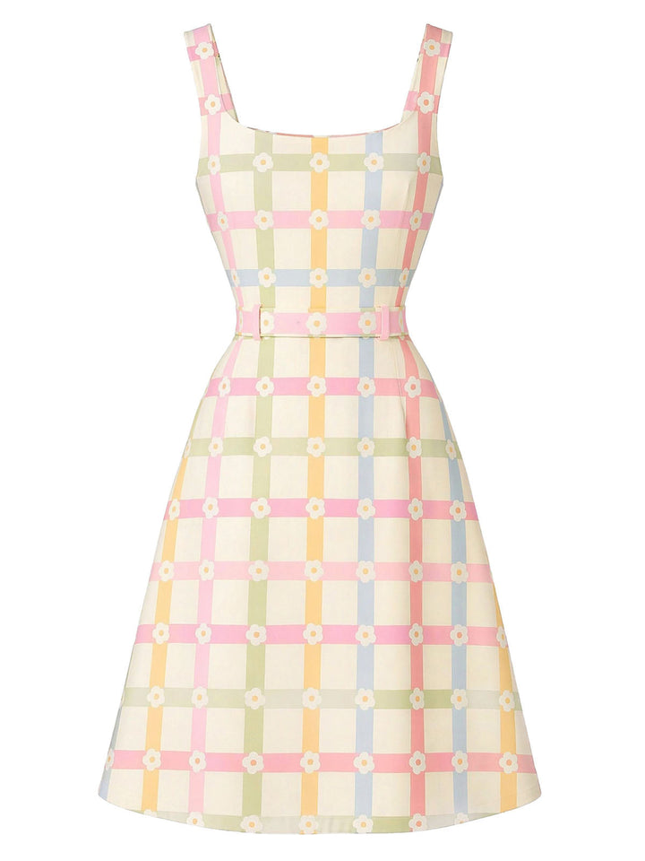 [Pre-Sale] Beige 1960s Plaid Floral Square Neck Dress 3