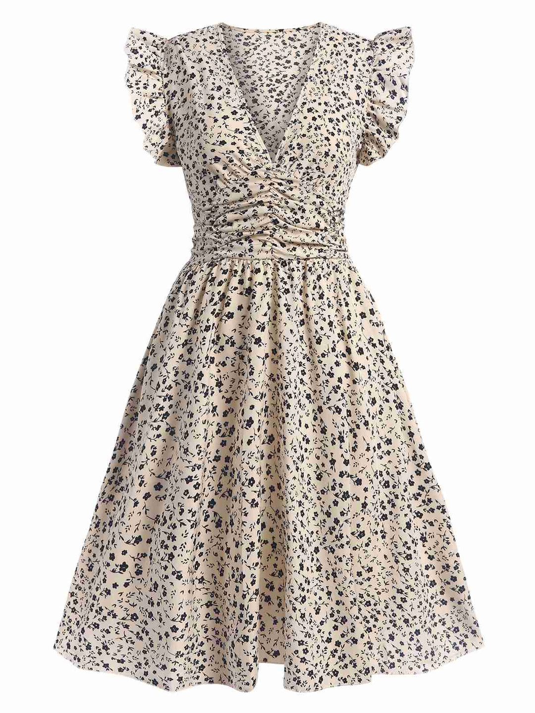 Beige 1960s V-Neck Ruffled Ditsy Floral Dress, vintage dress, retro fashion, floral print - perfect for women who love vintage and retro fashion