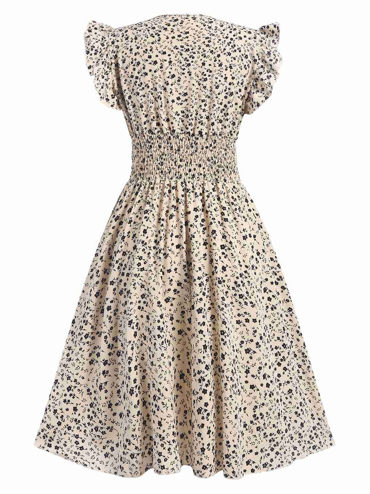 Beige 1960s V-Neck Ruffled Ditsy Floral Dress, vintage dress, retro fashion, floral print - perfect for women who love vintage and retro fashion