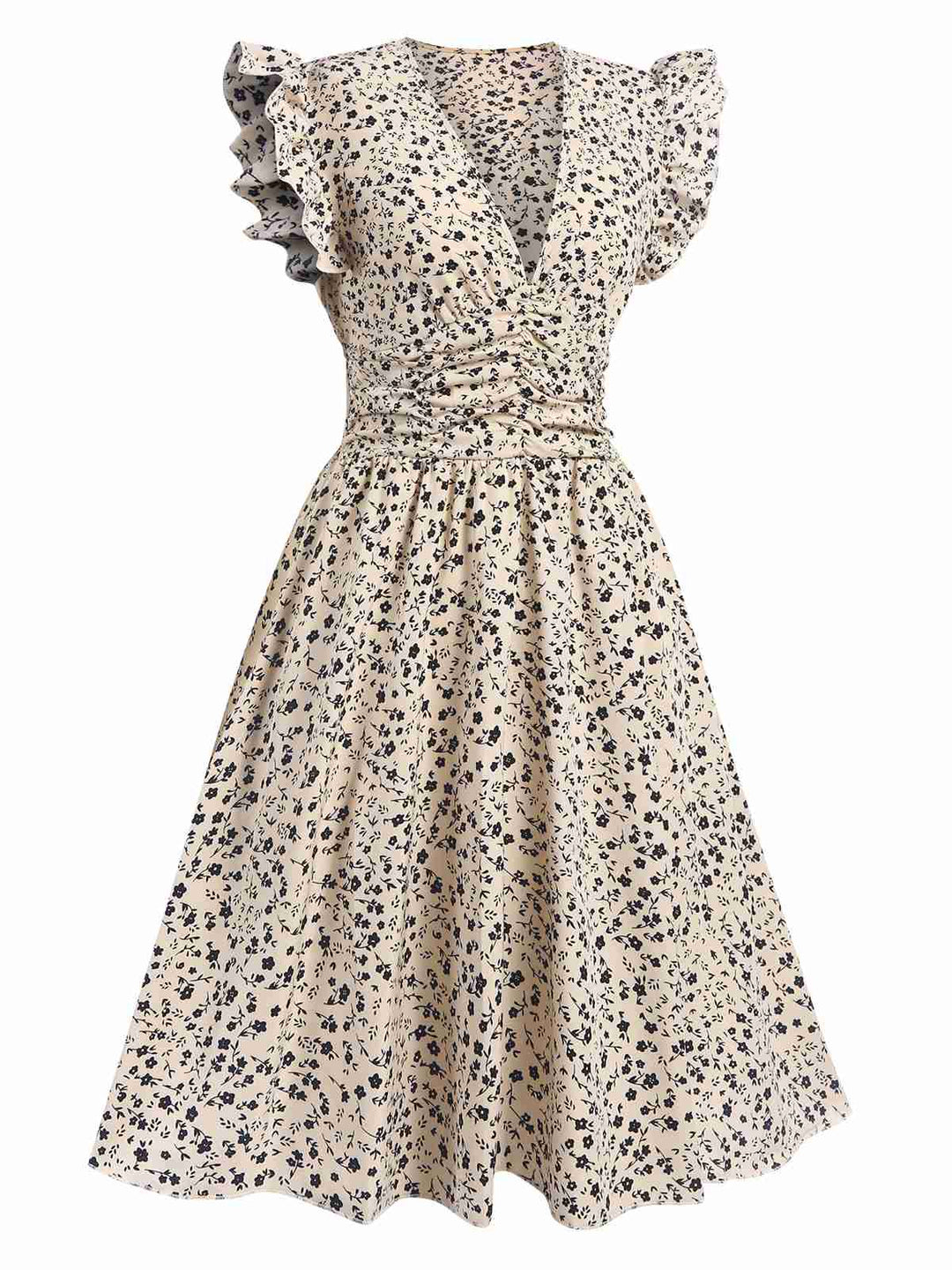 Beige 1960s V-Neck Ruffled Ditsy Floral Dress, vintage dress, retro fashion, floral print - perfect for women who love vintage and retro fashion