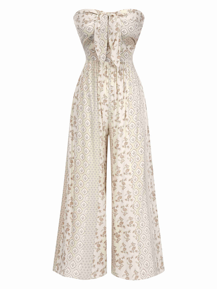 Beige 1970s Bandeau Bow Floral Bohemian Jumpsuit, vintage romper, retro jumpsuit - perfect for women who love vintage and retro fashion