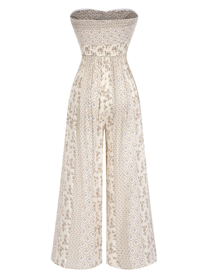 Beige 1970s Bandeau Bow Floral Bohemian Jumpsuit, vintage romper, retro jumpsuit - perfect for women who love vintage and retro fashion
