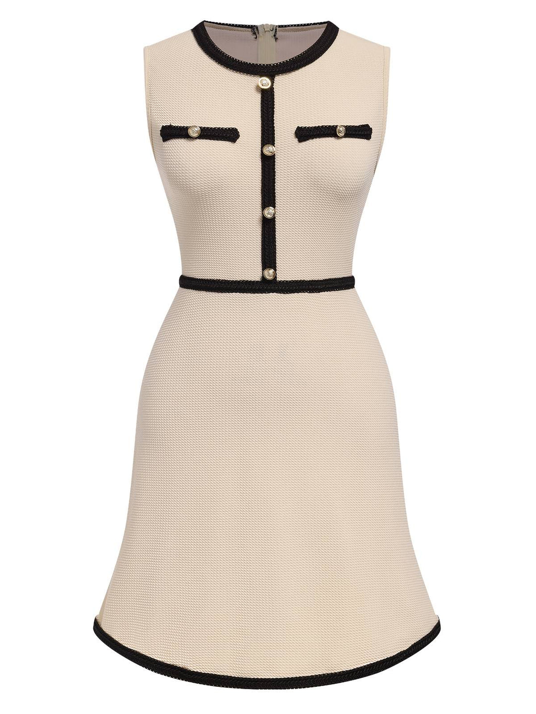 Beige 1970s Contrast Binding Sleeveless Dress, vintage dress, retro fashion - perfect for women who love vintage and retro fashion