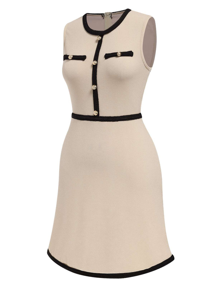 Beige 1970s Contrast Binding Sleeveless Dress, vintage dress, retro fashion - perfect for women who love vintage and retro fashion