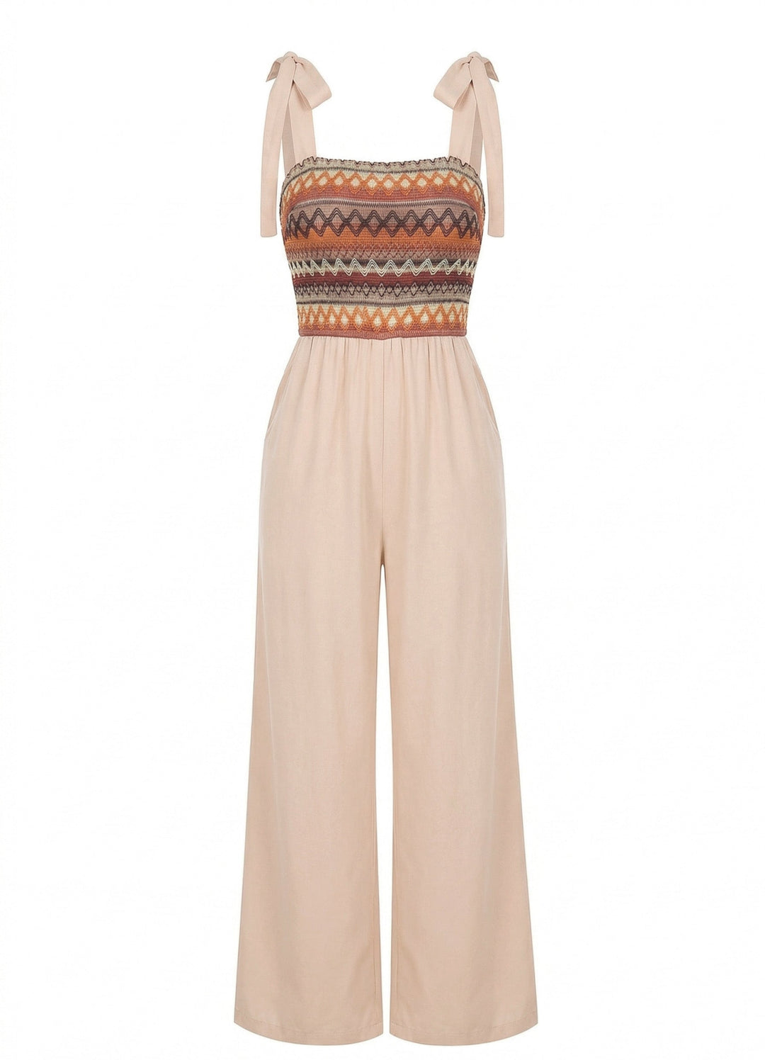 Beige 1970s Tie Spaghetti Strap Patchwork Jumpsuit - vintage jumpsuit, retro fashion