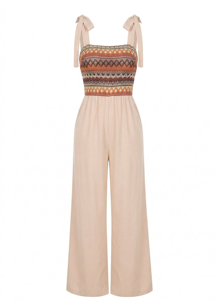 Beige 1970s Tie Spaghetti Strap Patchwork Jumpsuit - vintage jumpsuit, retro fashion
