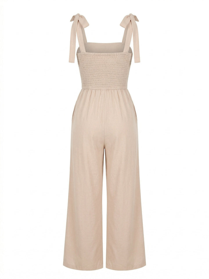 Beige 1970s Tie Spaghetti Strap Patchwork Jumpsuit - vintage jumpsuit, retro fashion