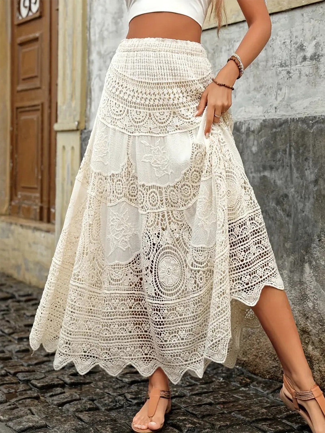 Beige 1980s Lace Patchwork A-Line Skirt, vintage skirt, retro style - perfect for women who love vintage and retro fashion