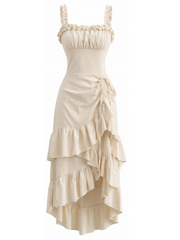 Beige 1980s Solid Ruffled Hem Suspender Dress, vintage dress, retro fashion - perfect for women who love vintage and retro fashion
