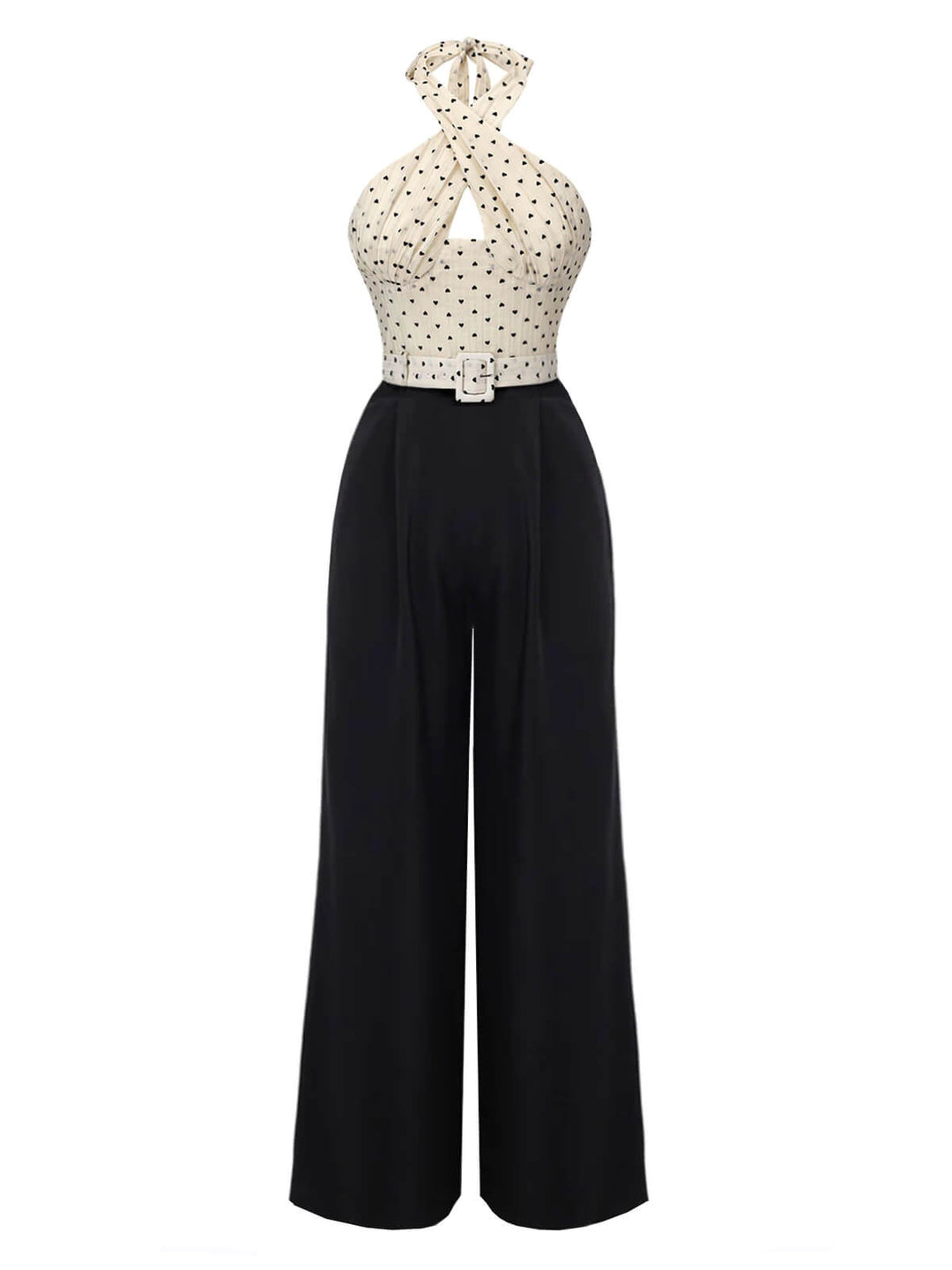 Beige &amp; Black 1950s Heart Dots Halter Jumpsuit, vintage romper, retro jumpsuit - perfect for women who love vintage and retro fashion