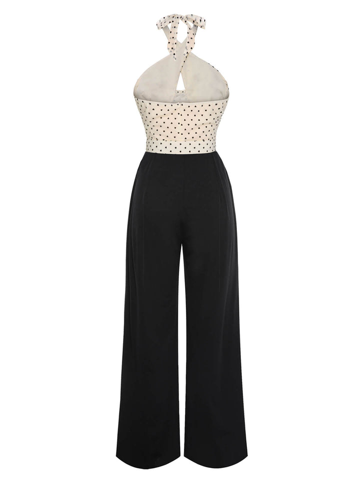 Beige &amp; Black 1950s Heart Dots Halter Jumpsuit, vintage romper, retro jumpsuit - perfect for women who love vintage and retro fashion