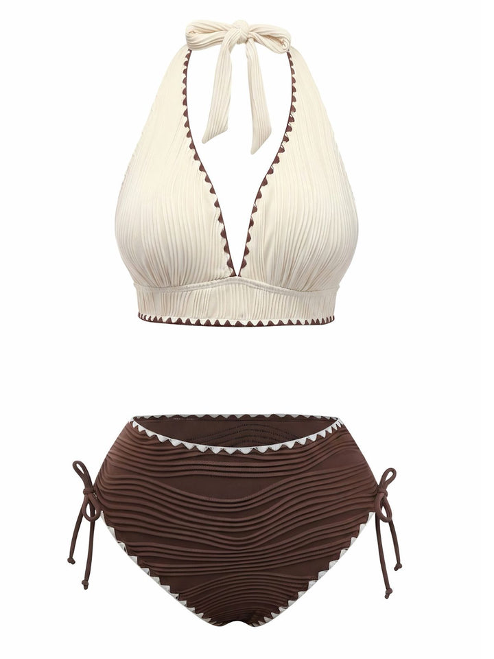 Beige Brown 1950s Halter High-Waist Ribbed Bikini Set: beautiful vintage swimwear, retro swimsuit, pin-up style with timeless appeal