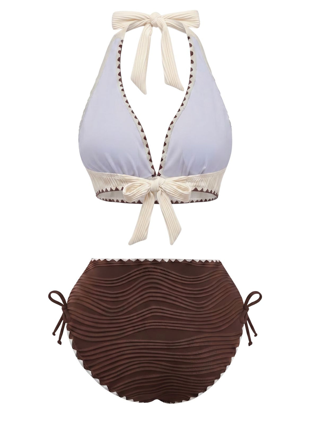 Beige Brown 1950s Halter High-Waist Ribbed Bikini Set, vintage swimsuit, pin-up swimwear - perfect for women who love vintage and retro fashion