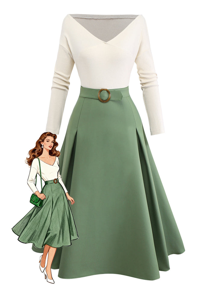 Beige &amp; Green 1950s Knit Off-Shoulder Pleated Dress - vintage dress, retro fashion, rockabilly