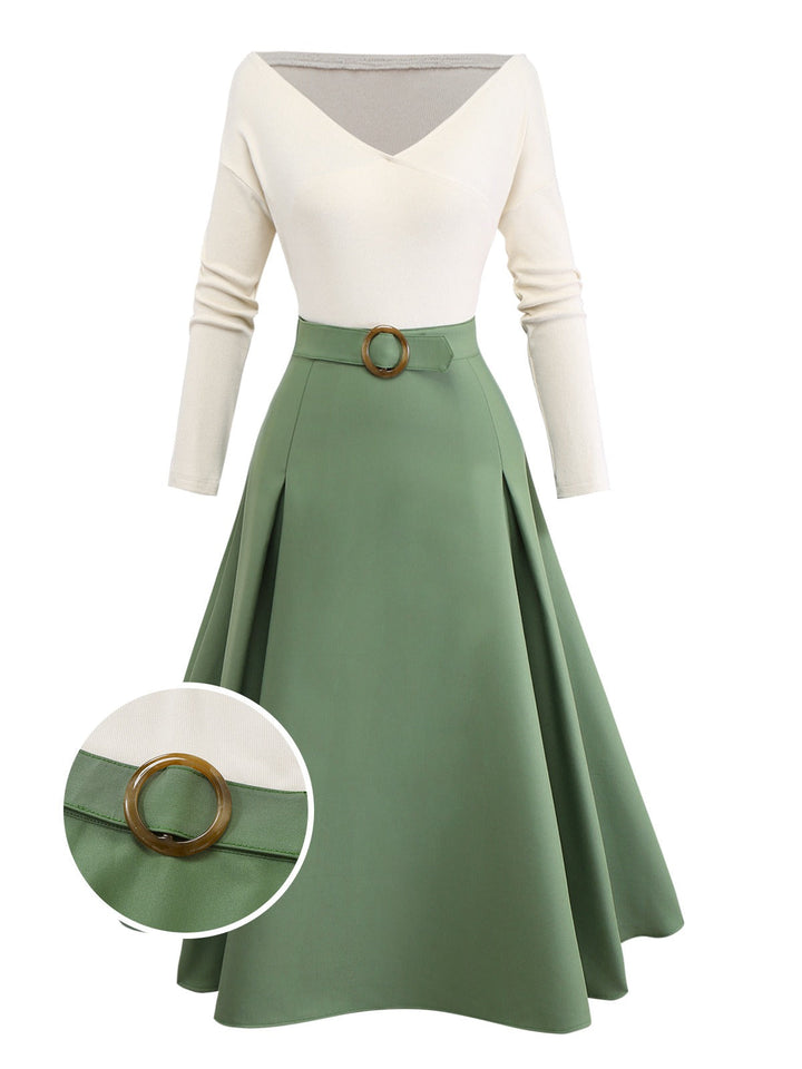 Beige &amp; Green 1950s Knit Off-Shoulder Pleated Dress - vintage dress, retro fashion, rockabilly