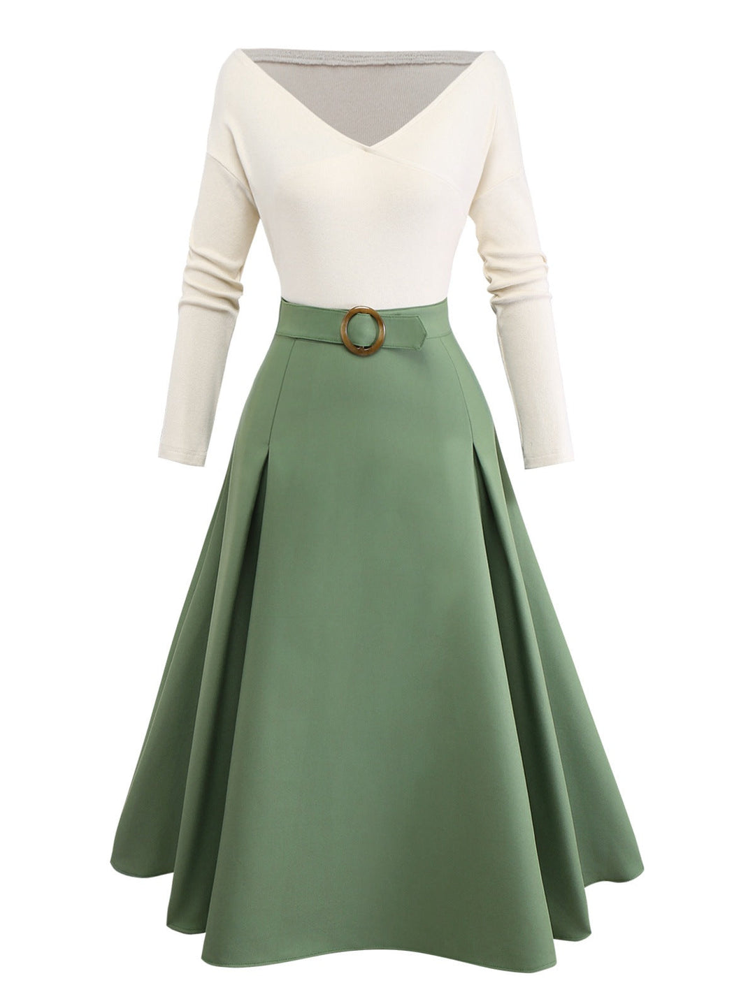 Beige &amp; Green 1950s Knit Off-Shoulder Pleated Dress - vintage dress, retro fashion, rockabilly