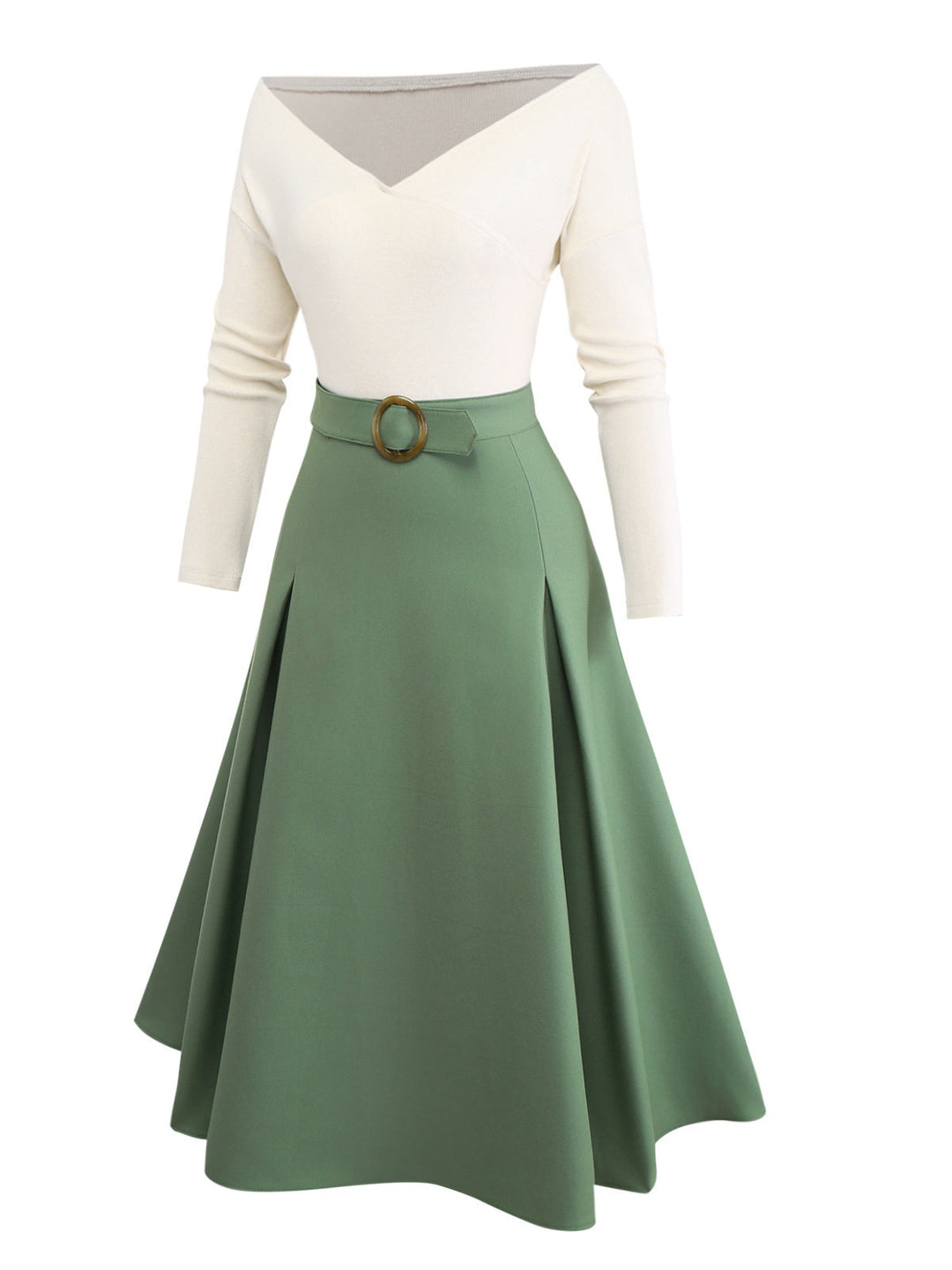 Beige &amp; Green 1950s Knit Off-Shoulder Pleated Dress - vintage dress, retro fashion, rockabilly