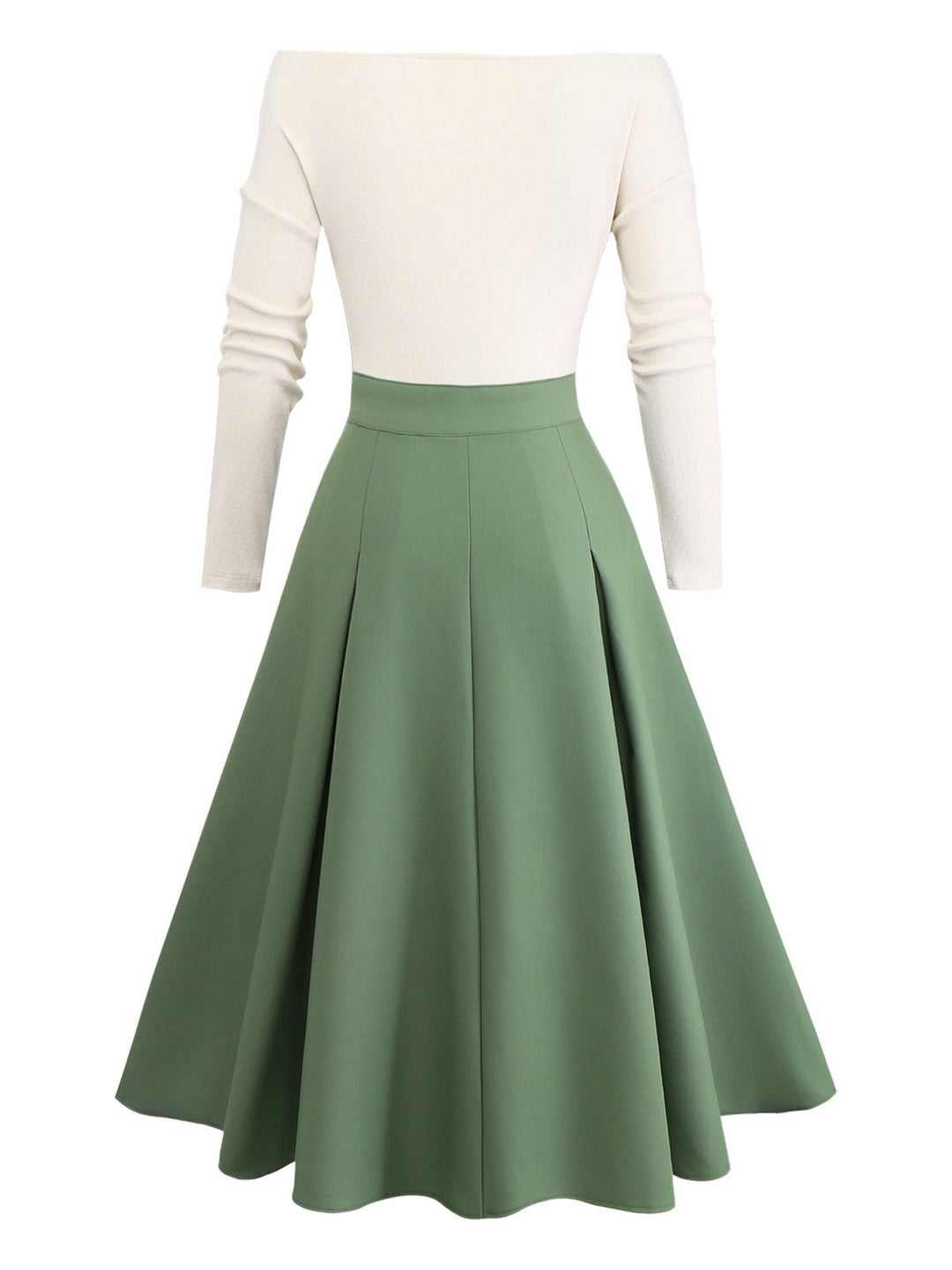 Beige &amp; Green 1950s Knit Off-Shoulder Pleated Dress - vintage dress, retro fashion, rockabilly
