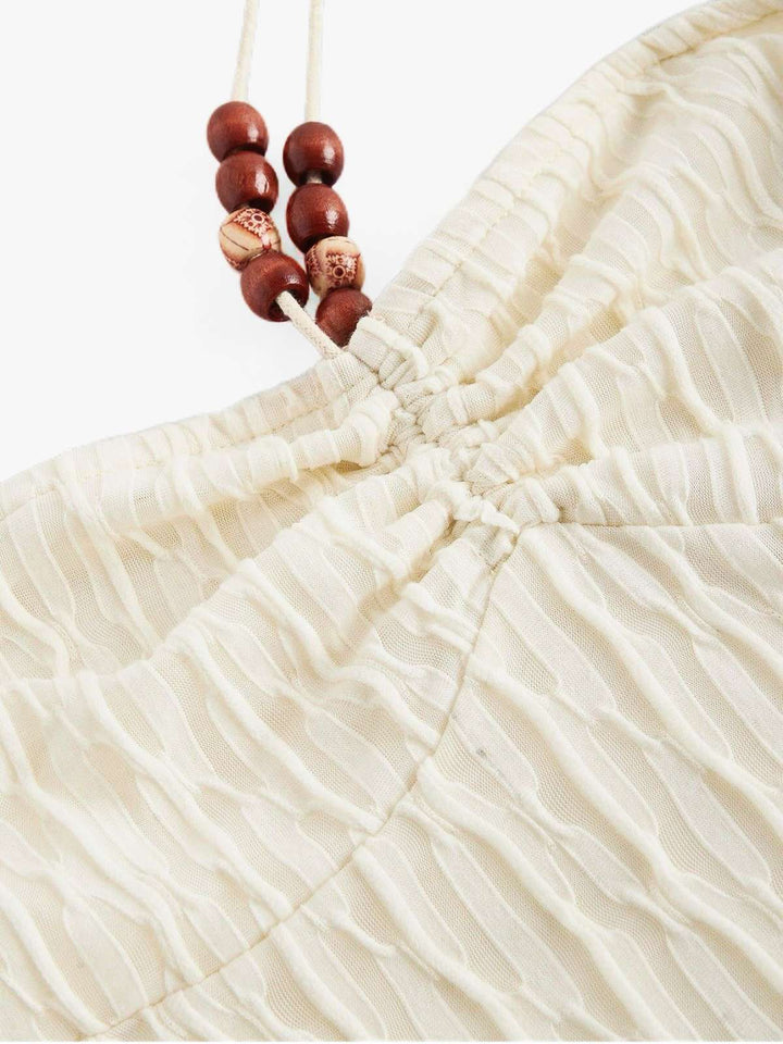 Beige 1940s Beaded Ruched Halter Waist Romper - vintage jumpsuit, retro fashion