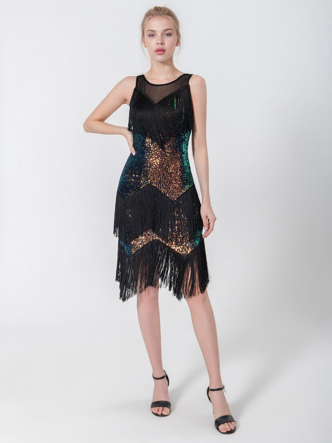 She slips into this Black 1920s Beading Sleeveless Fringed Hem Dress and suddenly it&