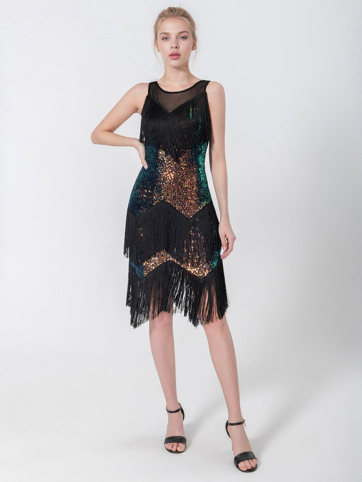 She slips into this Black 1920s Beading Sleeveless Fringed Hem Dress and suddenly it&