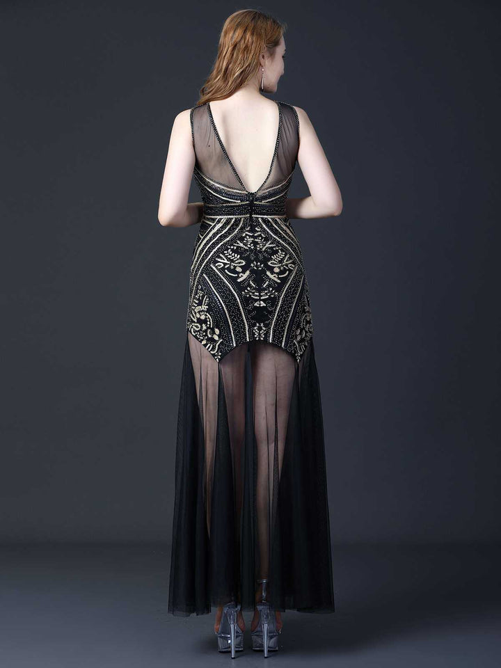 Black 1920s Round Neck Sheer Beading Dress — the kind of 1920s dress that makes strangers smile