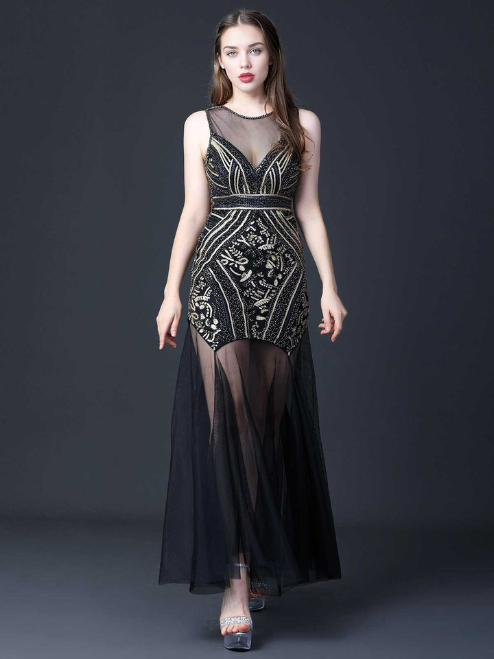 Black 1920s Round Neck Sheer Beading Dress — a 1920s silhouette that turns sidewalks into runways
