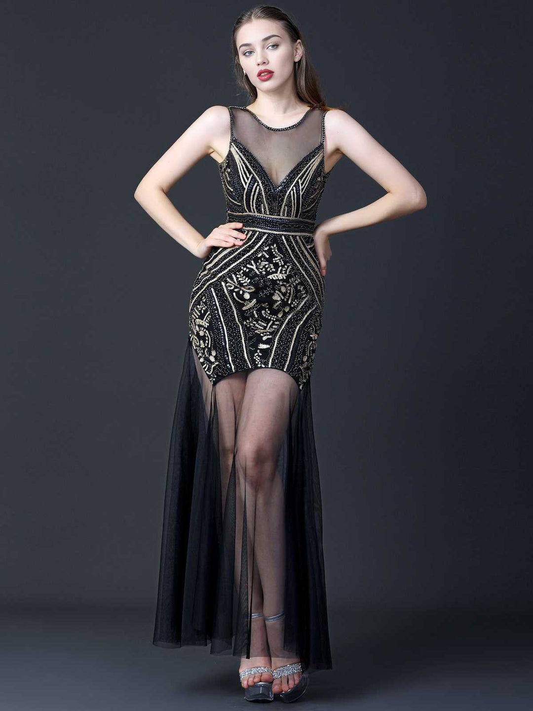 She slips into this Black 1920s Round Neck Sheer Beading Dress and suddenly it&