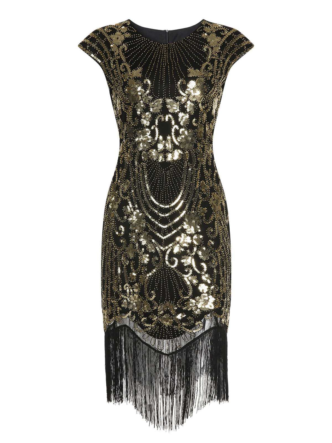 She slips into this Black 1920s Sequined Tassel Cap Sleeve Dress and suddenly it&