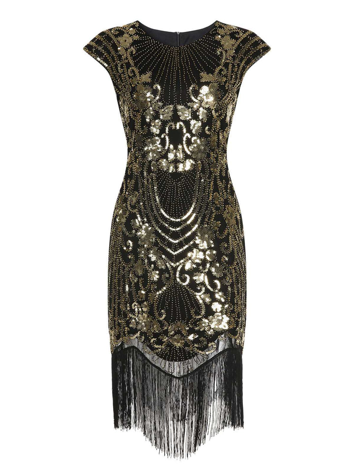 She slips into this Black 1920s Sequined Tassel Cap Sleeve Dress and suddenly it&