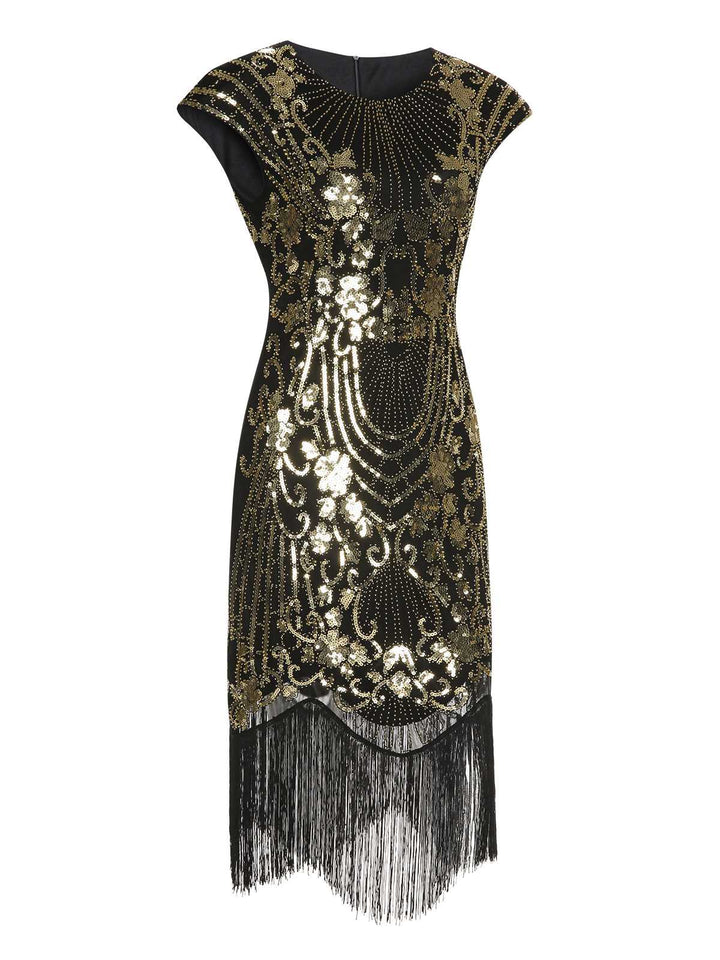 Black 1920s Sequined Tassel Cap Sleeve Dress: where 1920s romance meets her modern spirit