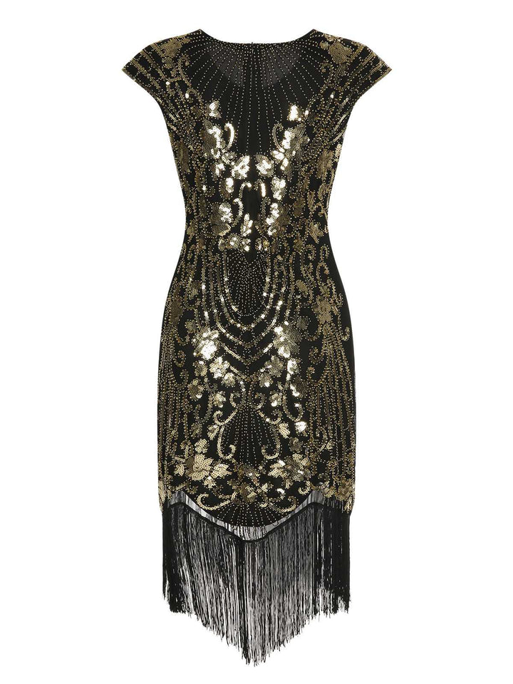 This Black 1920s Sequined Tassel Cap Sleeve Dress wraps her in 1920s elegance, one twirl at a time