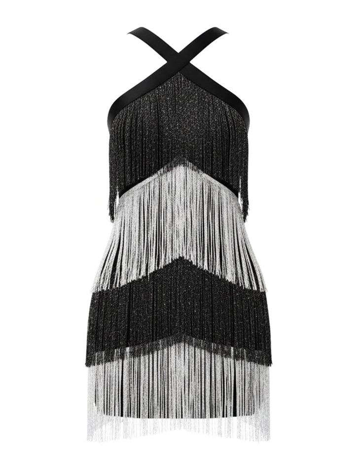 Black 1920s Strappy Fringe Sequin Cocktail Dress - vintage dress, retro fashion, Gatsby party