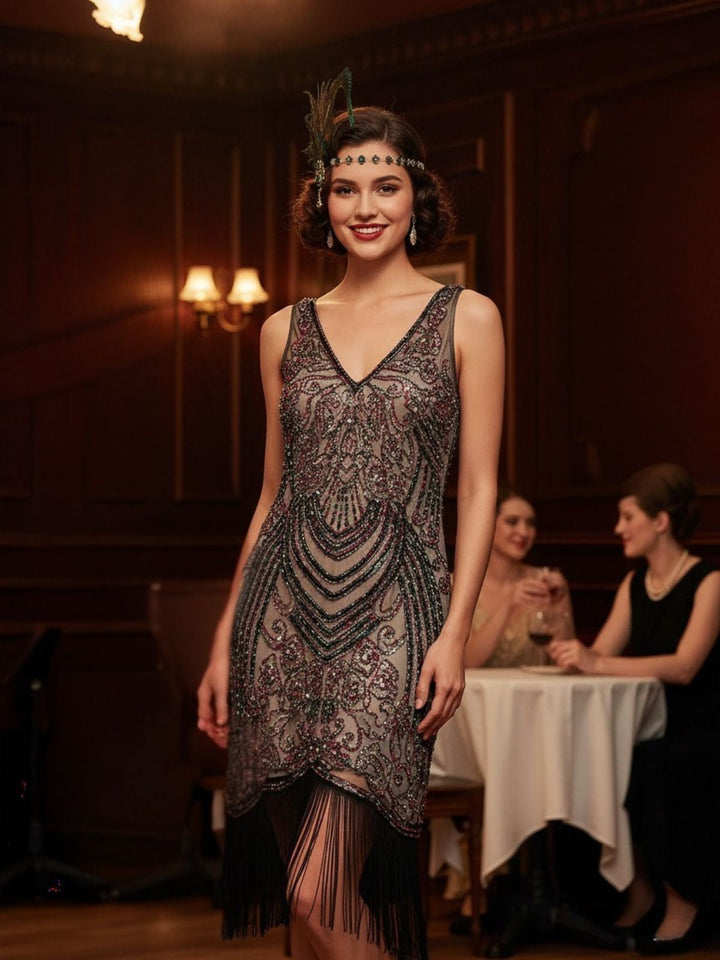 Black 1920s V-Neck Floral Sequined Dress — a 1920s silhouette that turns sidewalks into runways