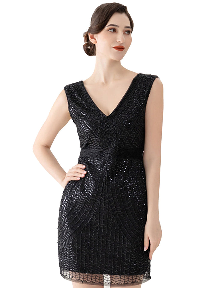 She slips into this Black 1920s V-Neck Sequined Evening Dress and suddenly it&