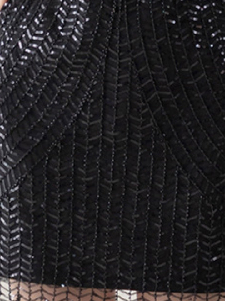 This Black 1920s V-Neck Sequined Evening Dress wraps her in 1920s elegance, one twirl at a time