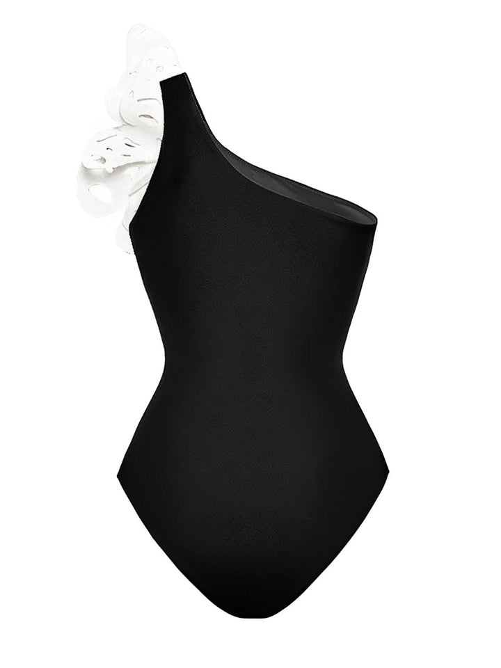 This Black 1930s 3D-Butterfly One-Shoulder Swimsuit carries 1930s vacation dreams in every stitch