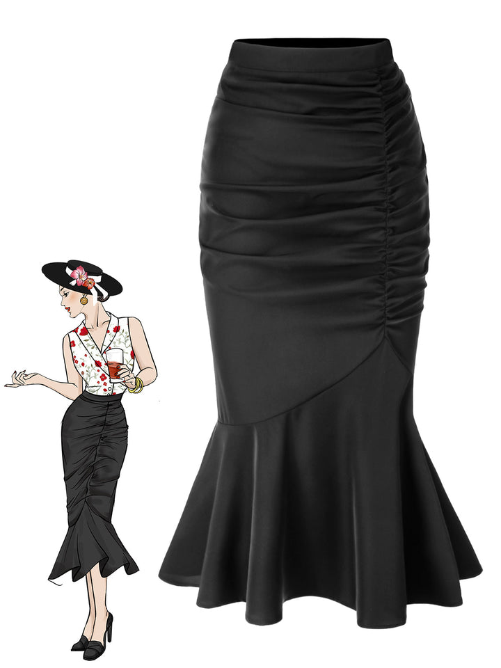 She sways in this Black 1930s Asymmetric Pleated Fishtail Skirt and it&
