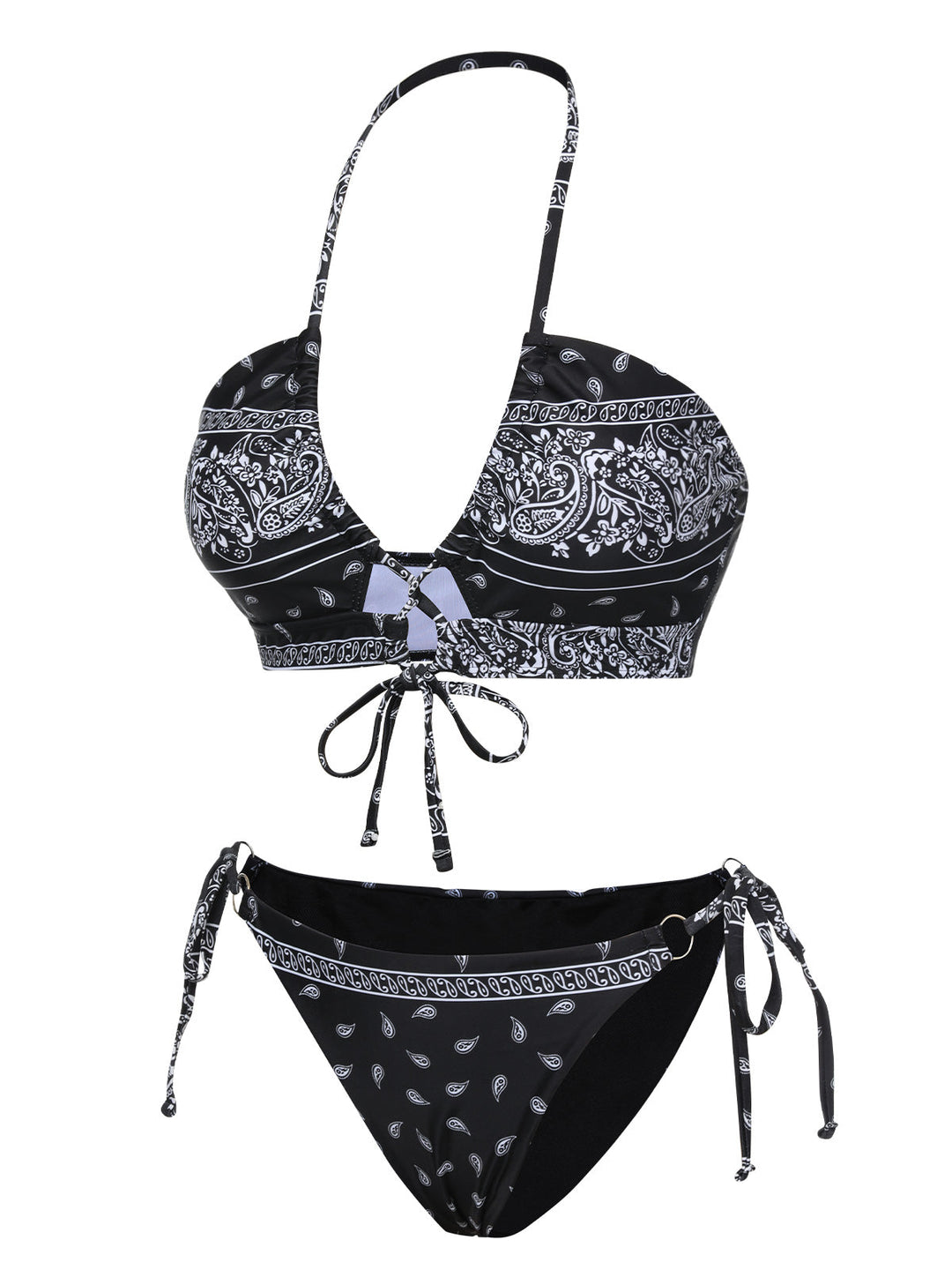 Black 1930s Cashew Flowers Lace-Up Bikini Set, vintage swimsuit, pin-up swimwear - perfect for women who love vintage and retro fashion