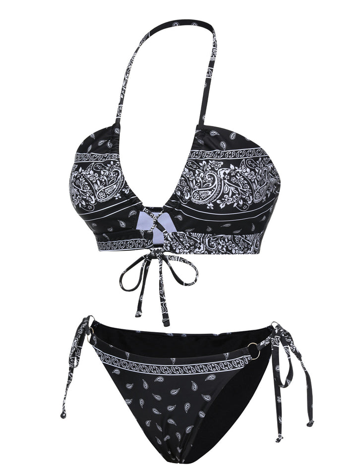 Black 1930s Cashew Flowers Lace-Up Bikini Set, vintage swimsuit, pin-up swimwear - perfect for women who love vintage and retro fashion