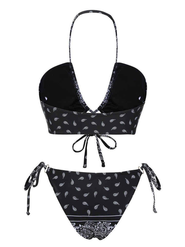 Black 1930s Cashew Flowers Lace-Up Bikini Set, vintage swimsuit, pin-up swimwear - perfect for women who love vintage and retro fashion